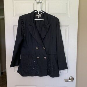 Karen Stuart Blazer Jacket Black 16 Embroidered Embellished Vintage Read